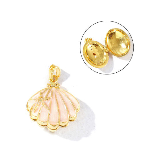 Image de 2 Pcs Pendentif Porte-Photo en Laiton Plaqué Or 18K Rose Clair Émail Coquille Pouvoir Ouvrir à Strass Transparent 24mm x 18mm