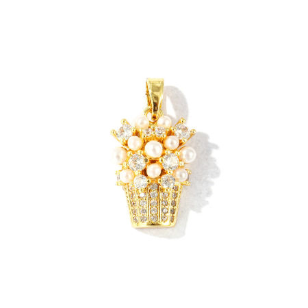 Immagine di 2 Pz Ottone Ciondoli Pendenti Placcato Oro 18K Beige Popcorn Perla Imitato Acrilico Trasparente Strass 22mm x 12mm