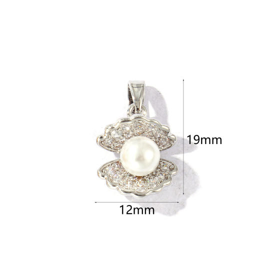 Bild von 2 Stück Messing Charm-Anhänger Platin Plattiert Weiß Muschel Acryl Imitat Perle Transparent Strassstein 19mm x 12mm