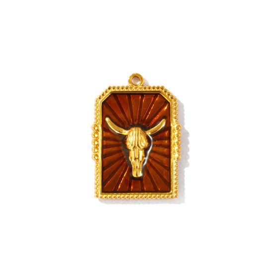 Picture of 2 PCs Eco-friendly PVD Vacuum Plating Waterproof Anti-Tarnish Hypoallergenic 304 Stainless Steel West Cowboy Charms 18K Real Gold Plated Brown Enamel Hexagon Taren 28mm x 19.5mm