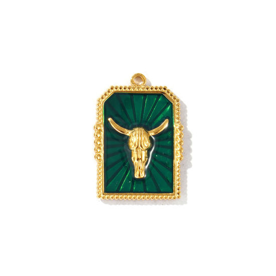 Picture of 2 PCs Eco-friendly PVD Vacuum Plating Waterproof Anti-Tarnish Hypoallergenic 304 Stainless Steel West Cowboy Charms 18K Real Gold Plated Green Enamel Hexagon Taren 28mm x 19.5mm