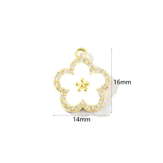 2 個 真鍮 チャーム 18Kゴールドメッキ 白 エナメル フラワー マイクロパヴェ クリア ジルコン 16mm x 14mm、 の画像