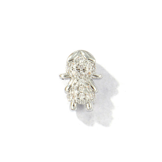 Bild von 2 Stück Messing Perlen zur DIY-Schmuckherstellung Platin Plattiert Mädchen 3D Klar Zirkonia 11mm x 8mm