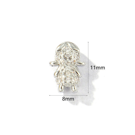 Bild von 2 Stück Messing Perlen zur DIY-Schmuckherstellung Platin Plattiert Mädchen 3D Klar Zirkonia 11mm x 8mm