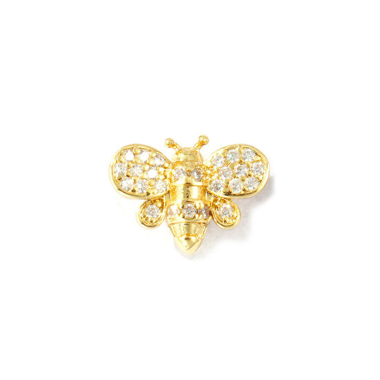 Bild von 2 Stück Messing Insekt Perlen zur DIY-Schmuckherstellung 18K Vergoldet Biene 3D Klar Zirkonia 13.5mm x 10mm