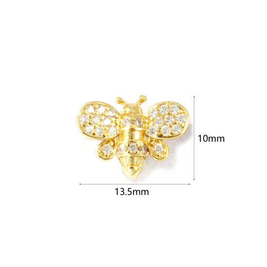 Bild von 2 Stück Messing Insekt Perlen zur DIY-Schmuckherstellung 18K Vergoldet Biene 3D Klar Zirkonia 13.5mm x 10mm