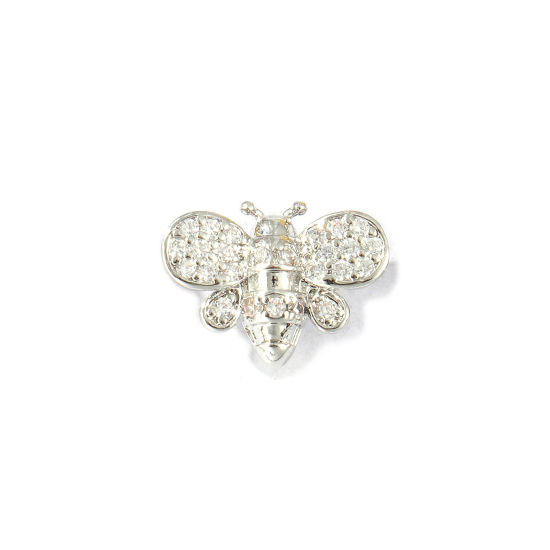 Bild von 2 Stück Messing Insekt Perlen zur DIY-Schmuckherstellung Platin Plattiert Biene 3D Klar Zirkonia 13.5mm x 10mm