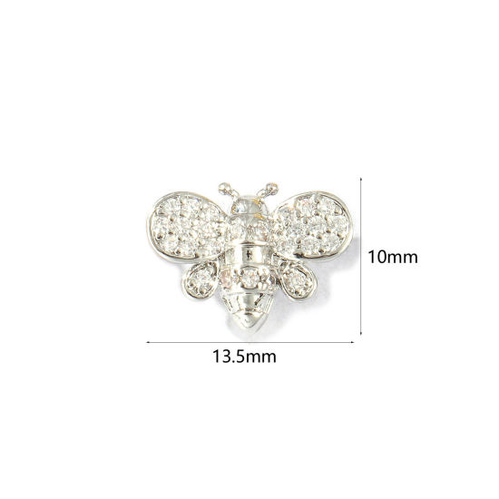 Bild von 2 Stück Messing Insekt Perlen zur DIY-Schmuckherstellung Platin Plattiert Biene 3D Klar Zirkonia 13.5mm x 10mm