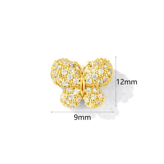 Bild von 2 Stück Messing Insekt Perlen zur DIY-Schmuckherstellung 18K Vergoldet Schmetterling 3D Klar Zirkonia 12mm x 9mm