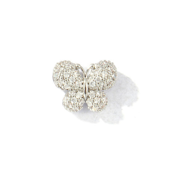 Bild von 2 Stück Messing Insekt Perlen zur DIY-Schmuckherstellung Platin Plattiert Schmetterling 3D Klar Zirkonia 12mm x 9mm