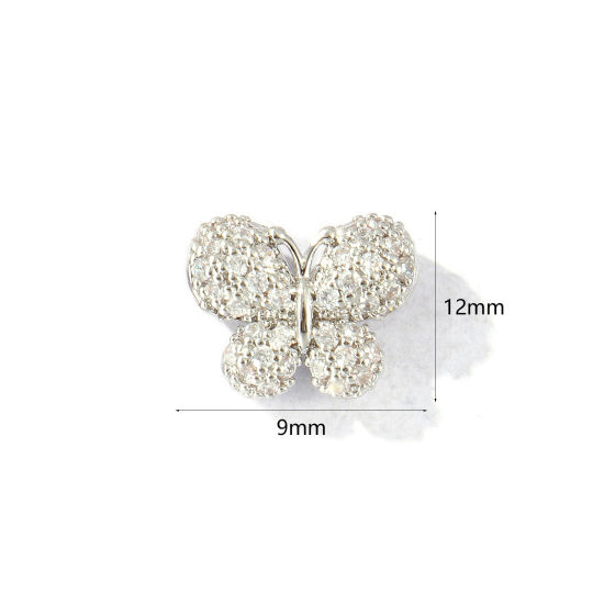 Bild von 2 Stück Messing Insekt Perlen zur DIY-Schmuckherstellung Platin Plattiert Schmetterling 3D Klar Zirkonia 12mm x 9mm