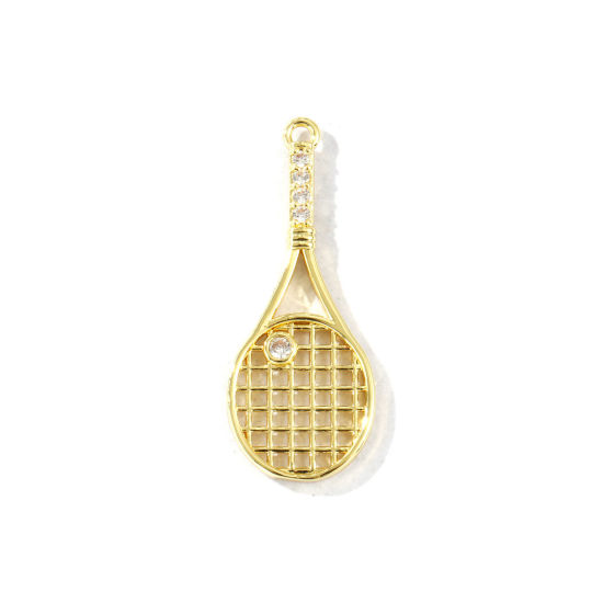 Bild von 2 Stück Messing Sport Anhänger 18K Vergoldet Tennisschläger Hohl Klar Kubischer Zirkon 3.2cm x 1.3cm