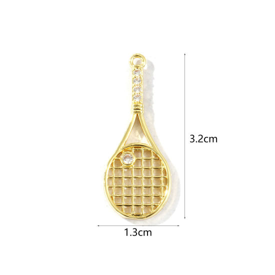Bild von 2 Stück Messing Sport Anhänger 18K Vergoldet Tennisschläger Hohl Klar Kubischer Zirkon 3.2cm x 1.3cm