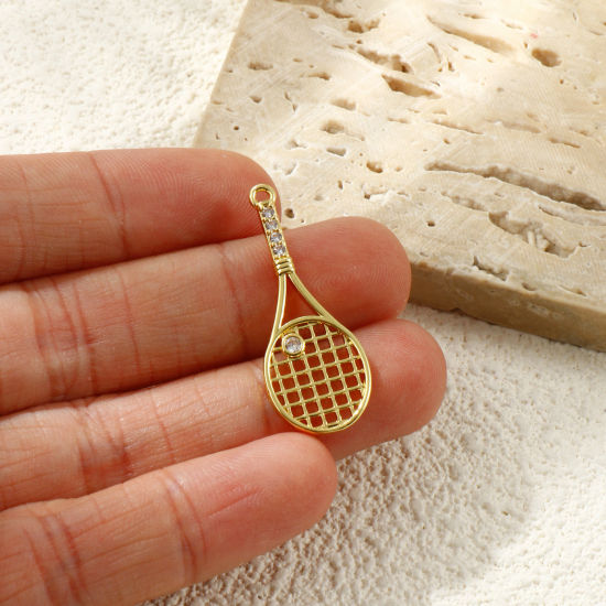 Bild von 2 Stück Messing Sport Anhänger 18K Vergoldet Tennisschläger Hohl Klar Kubischer Zirkon 3.2cm x 1.3cm