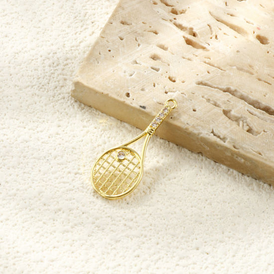 Bild von 2 Stück Messing Sport Anhänger 18K Vergoldet Tennisschläger Hohl Klar Kubischer Zirkon 3.2cm x 1.3cm