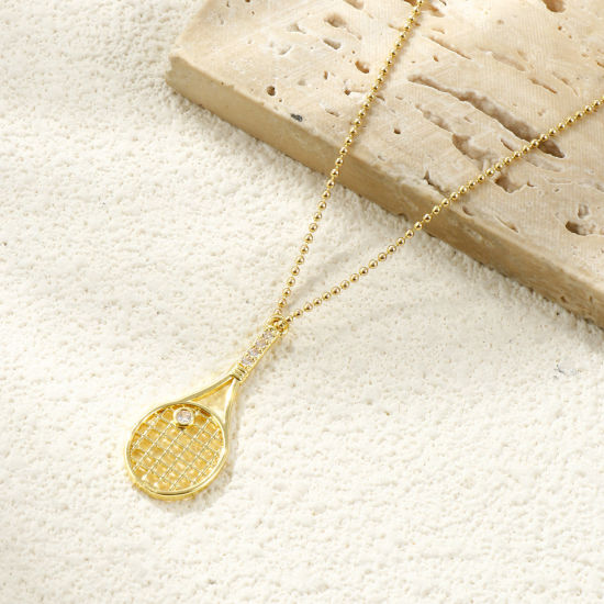 Bild von 2 Stück Messing Sport Anhänger 18K Vergoldet Tennisschläger Hohl Klar Kubischer Zirkon 3.2cm x 1.3cm