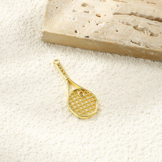 Bild von 2 Stück Messing Sport Anhänger 18K Vergoldet Tennisschläger Hohl Klar Kubischer Zirkon 3.2cm x 1.3cm
