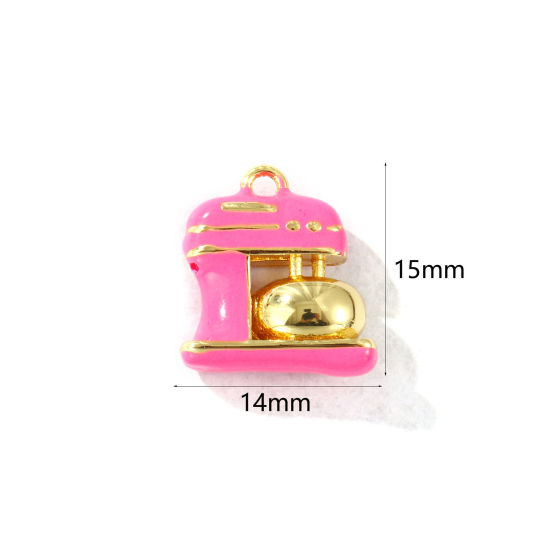 Imagen de 2 Unidades Latón Colgantes Chapado en Oro de 18K Rosa Intenso Esmalte Máquina de cocer 3D 15mm x 14mm