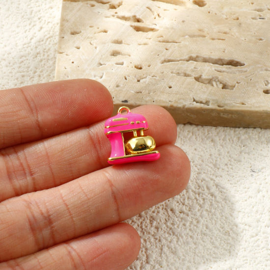 Imagen de 2 Unidades Latón Colgantes Chapado en Oro de 18K Rosa Intenso Esmalte Máquina de cocer 3D 15mm x 14mm