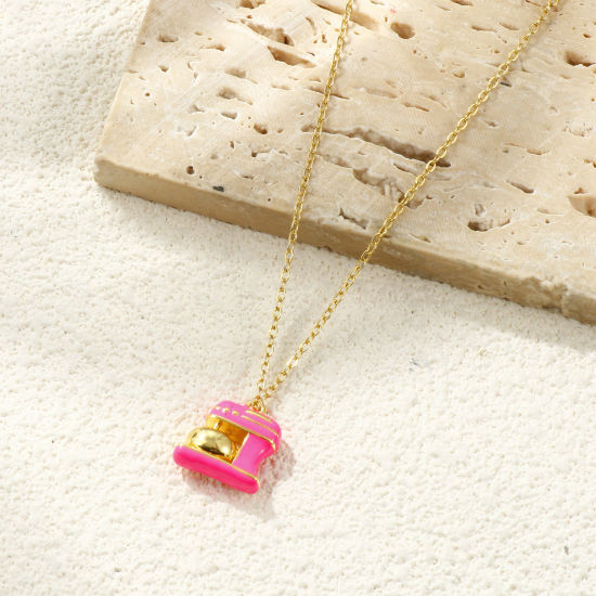 Imagen de 2 Unidades Latón Colgantes Chapado en Oro de 18K Rosa Intenso Esmalte Máquina de cocer 3D 15mm x 14mm
