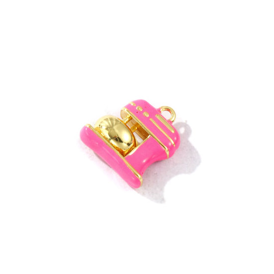 Imagen de 2 Unidades Latón Colgantes Chapado en Oro de 18K Rosa Intenso Esmalte Máquina de cocer 3D 15mm x 14mm