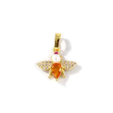 Immagine di 2 Pz Ottone Insetto Ciondoli Pendenti Placcato Oro 18K Ape Perla Imitato Acrilico Trasparente Strass 19mm x 16mm