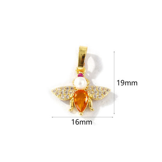 2 個 真鍮 昆虫 チャーム ペンダント 18Kゴールドメッキ 蜂 アクリル模造真珠 透明ラインストーン 19mm x 16mm、 の画像