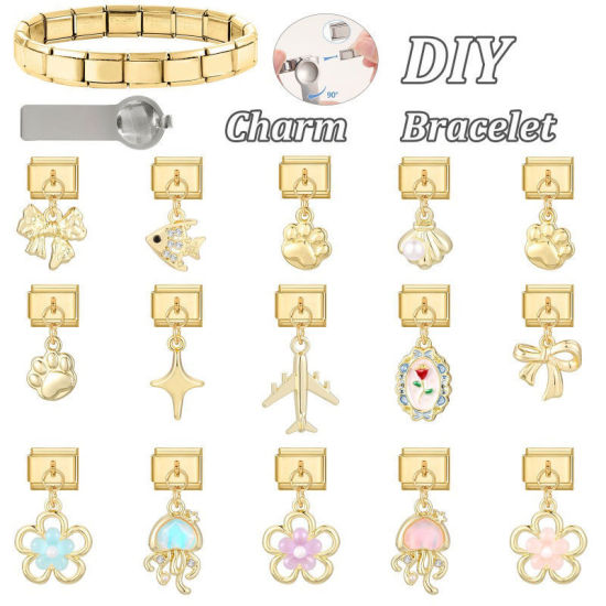 Image de 1 Pièce Maillons de Charme Italiens pour la Fabrication de Bijoux de Montres-Bracelets Modulables à Faire Soi-Même En Gros en 304 Acier Inoxydable & Alliage de Zinc Doré Nœuds Papillon 10mm x 9mm