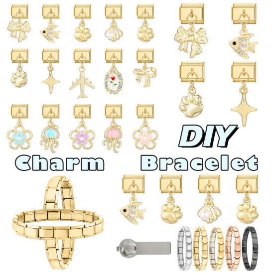Image de 1 Pièce Maillons de Charme Italiens pour la Fabrication de Bijoux de Montres-Bracelets Modulables à Faire Soi-Même En Gros en 304 Acier Inoxydable & Alliage de Zinc Doré Nœuds Papillon 10mm x 9mm