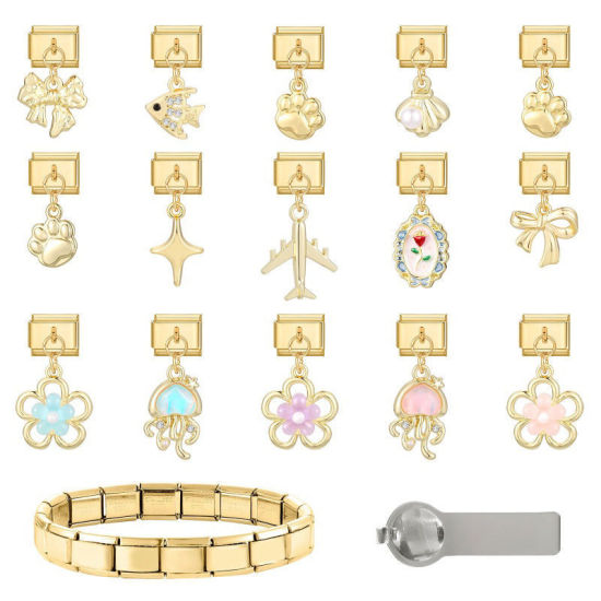 Image de 1 Pièce Maillons de Charme Italiens pour la Fabrication de Bijoux de Montres-Bracelets Modulables à Faire Soi-Même En Gros en 304 Acier Inoxydable & Alliage de Zinc Doré Nœuds Papillon 10mm x 9mm