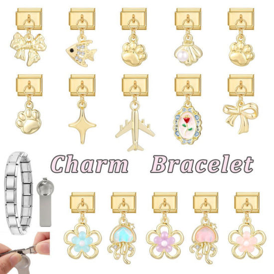 Image de 1 Pièce Maillons de Charme Italiens pour la Fabrication de Bijoux de Montres-Bracelets Modulables à Faire Soi-Même En Gros en 304 Acier Inoxydable & Alliage de Zinc Doré Nœuds Papillon 10mm x 9mm