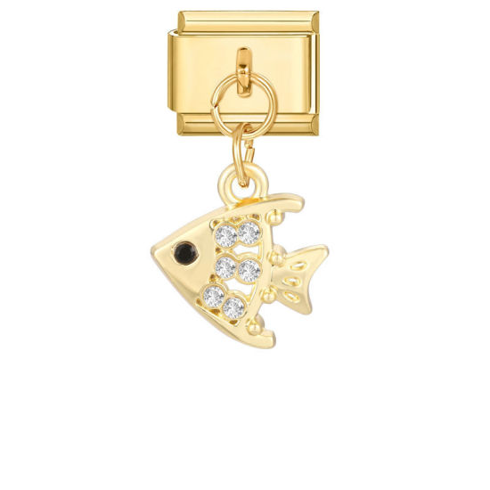 Image de 1 Pièce Maillons de Charme Italiens pour la Fabrication de Bijoux de Montres-Bracelets Modulables à Faire Soi-Même En Gros en 304 Acier Inoxydable & Alliage de Zinc Doré Poisson à Strass Transparent 10mm x 9mm