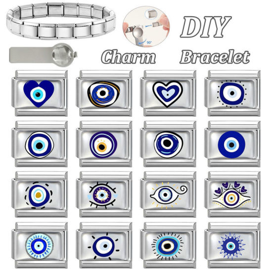 Image de 1 Pièce Bracelet à Maillons Breloques Italiens Accessories de Fabrication de Bracelets Bijoux DIY En Gros en 304 Acier Inoxydable Argent Mat Bleu Rectangle Œil Mauvais 10mm x 9mm