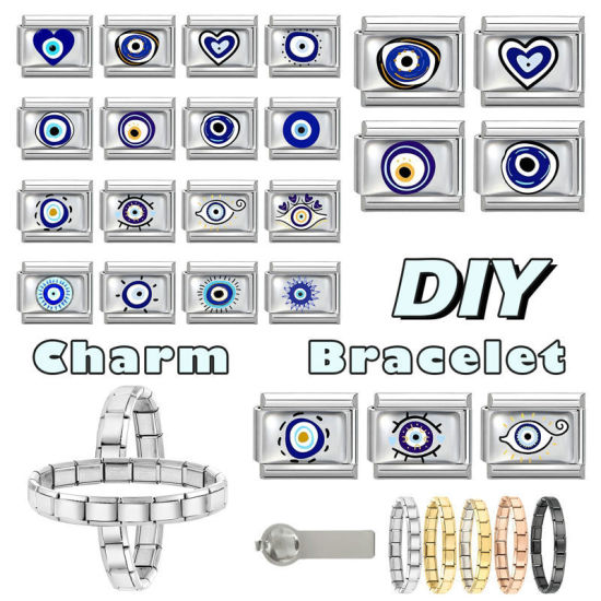 Image de 1 Pièce Bracelet à Maillons Breloques Italiens Accessories de Fabrication de Bracelets Bijoux DIY En Gros en 304 Acier Inoxydable Argent Mat Bleu Rectangle Œil Mauvais 10mm x 9mm