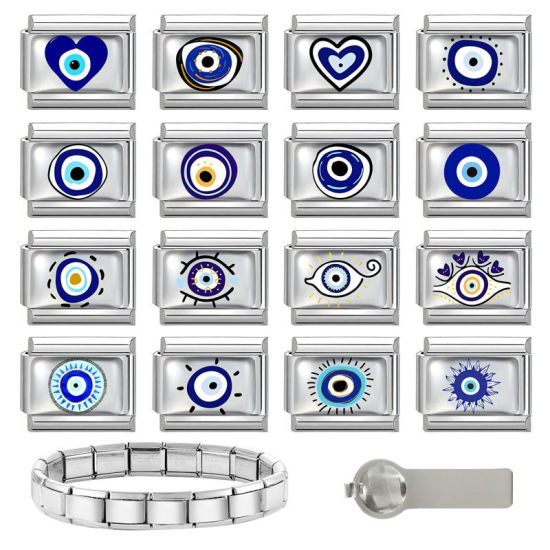 Image de 1 Pièce Bracelet à Maillons Breloques Italiens Accessories de Fabrication de Bracelets Bijoux DIY En Gros en 304 Acier Inoxydable Argent Mat Bleu Rectangle Œil Mauvais 10mm x 9mm