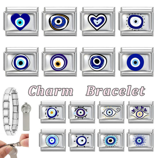 Image de 1 Pièce Bracelet à Maillons Breloques Italiens Accessories de Fabrication de Bracelets Bijoux DIY En Gros en 304 Acier Inoxydable Argent Mat Bleu Rectangle Œil Mauvais 10mm x 9mm