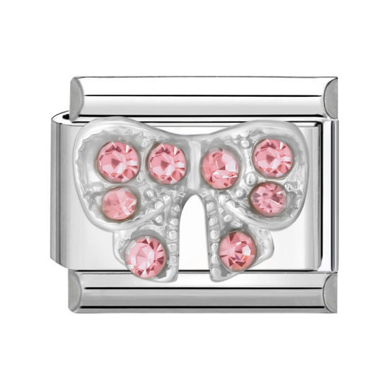 Immagine di 1 Pz 304 Acciaio Inossidabile Bracciale con Charm Italiano a Maglie, Creazione di Gioielli Fai-da-te All'Ingrosso Tono Argento Rettangolo Cravatta a Farfalla Roso Strass 10mm x 9mm