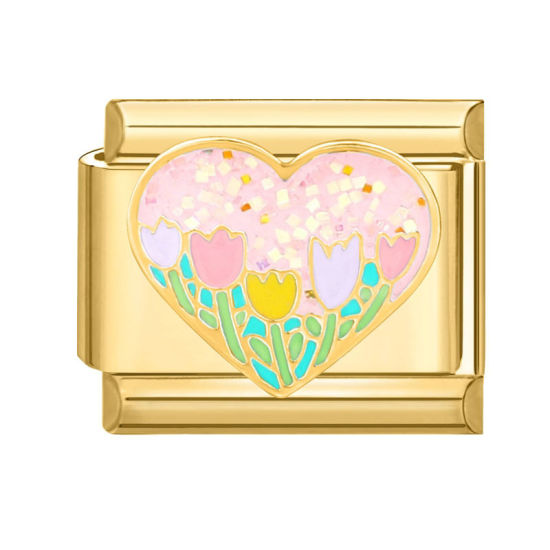 Immagine di 1 Pz 304 Acciaio Inossidabile San Valentino Bracciale con Charm Italiano a Maglie, Creazione di Gioielli Fai-da-te All'Ingrosso Oro Placcato Multicolore Rettangolo Cuore 10mm x 9mm