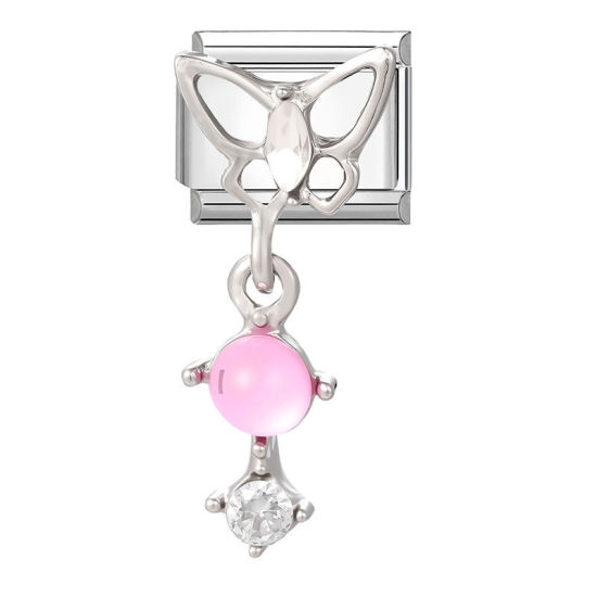 Immagine di 1 Pz 304 Acciaio Inossidabile Bracciale con Charm Italiano a Maglie, Creazione di Gioielli Fai-da-te All'Ingrosso Tono Argento Rettangolo Farfalla Trasparente Strass 10mm x 9mm
