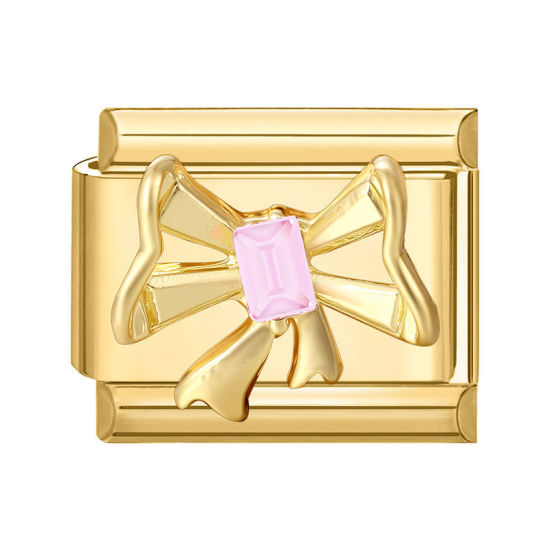 Immagine di 1 Pz 304 Acciaio Inossidabile Bracciale con Charm Italiano a Maglie, Creazione di Gioielli Fai-da-te All'Ingrosso Oro Placcato Rettangolo Cravatta a Farfalla Roso Strass 10mm x 9mm