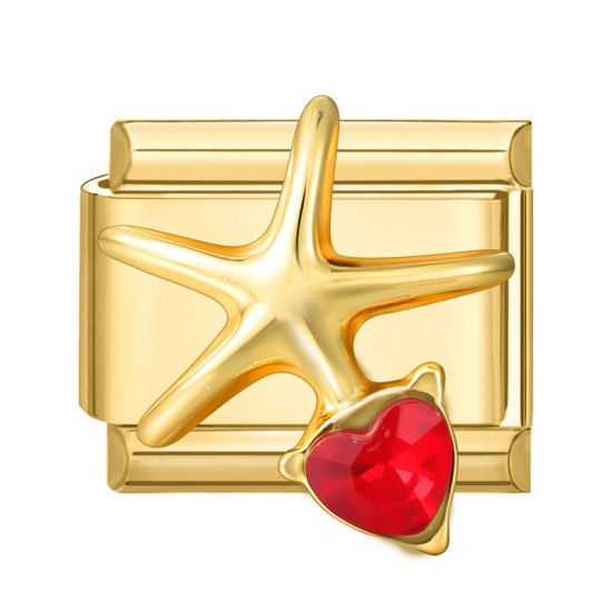 Immagine di 1 Pz 304 Acciaio Inossidabile Bracciale con Charm Italiano a Maglie, Creazione di Gioielli Fai-da-te All'Ingrosso Oro Placcato Rettangolo Stella Marina Rosso Strass 10mm x 9mm