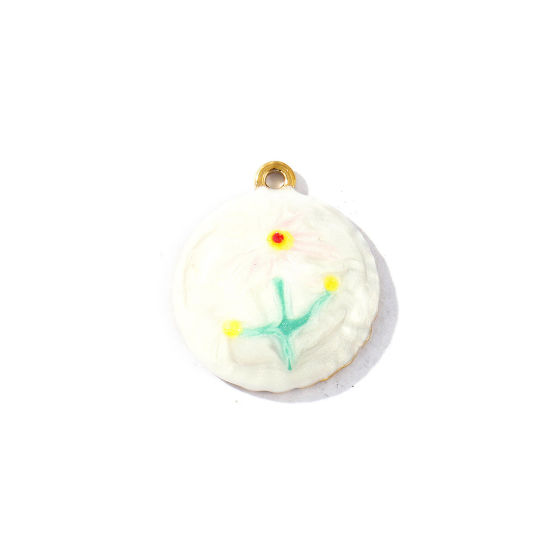 Picture of 2 PCs Eco-friendly PVD Vacuum Plating Waterproof Anti-Tarnish Hypoallergenic 304 Stainless Steel Charms 18K Real Gold Plated Enamel Round Sunflower Pearlized 23mm x 20mm