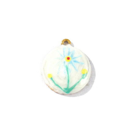 Picture of 2 PCs Eco-friendly PVD Vacuum Plating Waterproof Anti-Tarnish Hypoallergenic 304 Stainless Steel Charms 18K Real Gold Plated Multicolor Enamel Round Sunflower Pearlized 23mm x 20mm