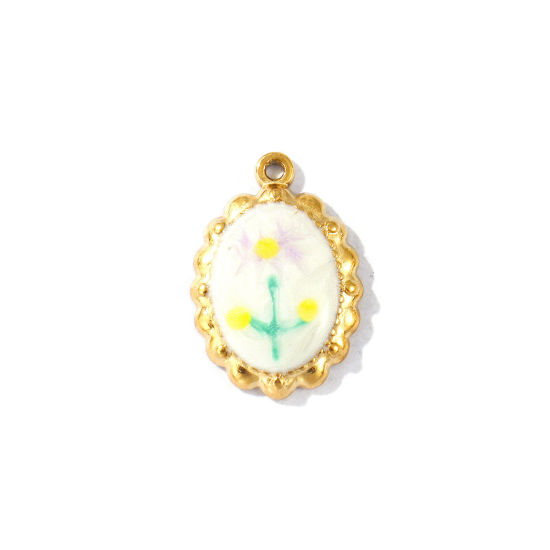 Picture of 2 PCs Eco-friendly PVD Vacuum Plating Waterproof Anti-Tarnish Hypoallergenic 304 Stainless Steel Charms 18K Real Gold Plated Multicolor Enamel Oval Sunflower Pearlized 22mm x 15mm