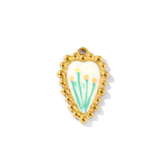 Picture of 2 PCs Eco-friendly PVD Vacuum Plating Waterproof Anti-Tarnish Hypoallergenic 304 Stainless Steel Valentine's Day Charms 18K Real Gold Plated Green Enamel Heart Flower Pearlized 28mm x 19mm