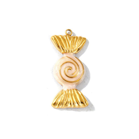 2 個 エコフレンドリー PVD真空メッキ 防水 耐変色性の 低アレルギー性の 304ステンレス鋼 ペンダント 18Kリアルゴールドメッキ ピンク エナメル キャンディ 光沢ある 3.2cm x 1.5cm、 の画像