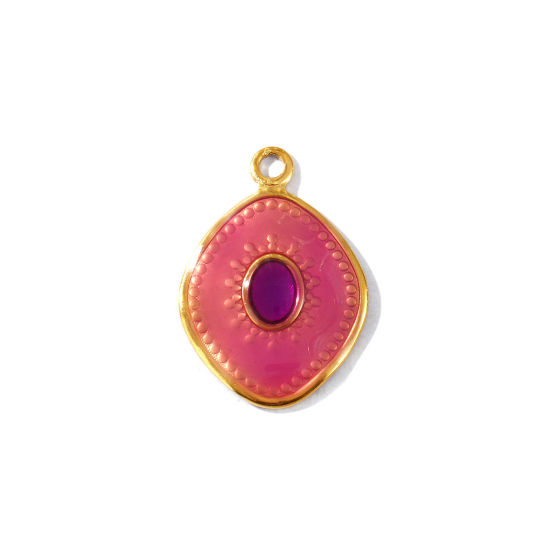 Picture of 2 PCs Eco-friendly PVD Vacuum Plating Waterproof Anti-Tarnish Hypoallergenic 304 Stainless Steel Charms 18K Real Gold Plated Purple Enamel Rhombus 26mm x 18mm
