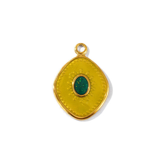 Picture of 2 PCs Eco-friendly PVD Vacuum Plating Waterproof Anti-Tarnish Hypoallergenic 304 Stainless Steel Charms 18K Real Gold Plated Yellow Enamel Rhombus 26mm x 18mm