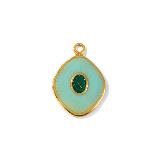 Picture of 2 PCs Eco-friendly PVD Vacuum Plating Waterproof Anti-Tarnish Hypoallergenic 304 Stainless Steel Charms 18K Real Gold Plated Mint Green Enamel Rhombus 26mm x 18mm