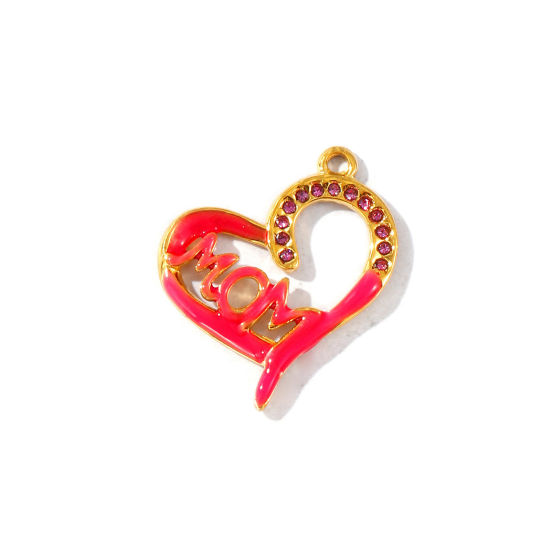 Picture of 2 PCs Eco-friendly PVD Waterproof Anti-Tarnish Hypoallergenic 304 Stainless Steel Mother's Day Charms Wholesale 18K Real Gold Plated Fuchsia Enamel Heart Message " Mom " Purple Rhinestone 23mm x 22mm